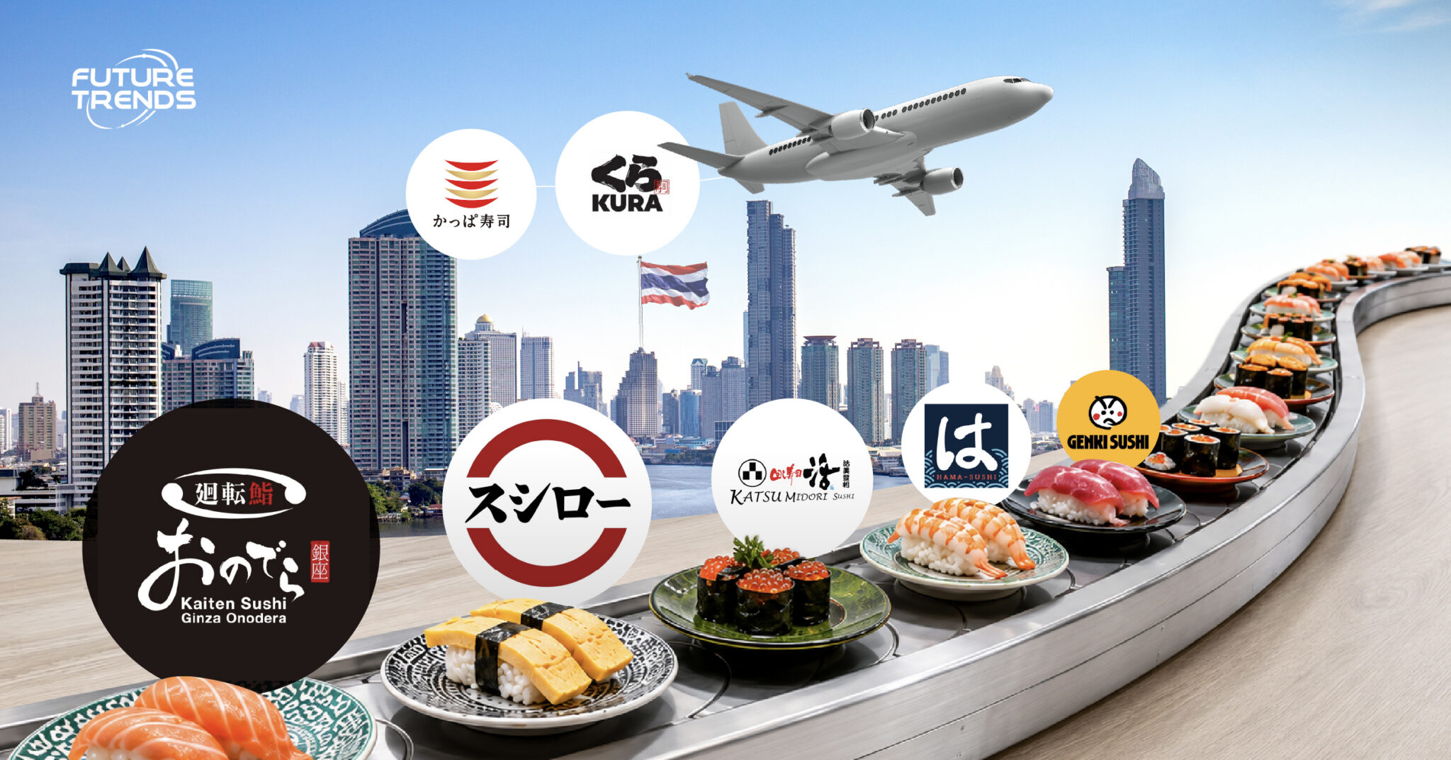 บรรยากาศร้านซูชิสายพานยุคใหม่ที่ขับเคลื่อนด้วยเทคโนโลยีรางส่งด่วนและหน้าจอสั่งอาหารดิจิทัล