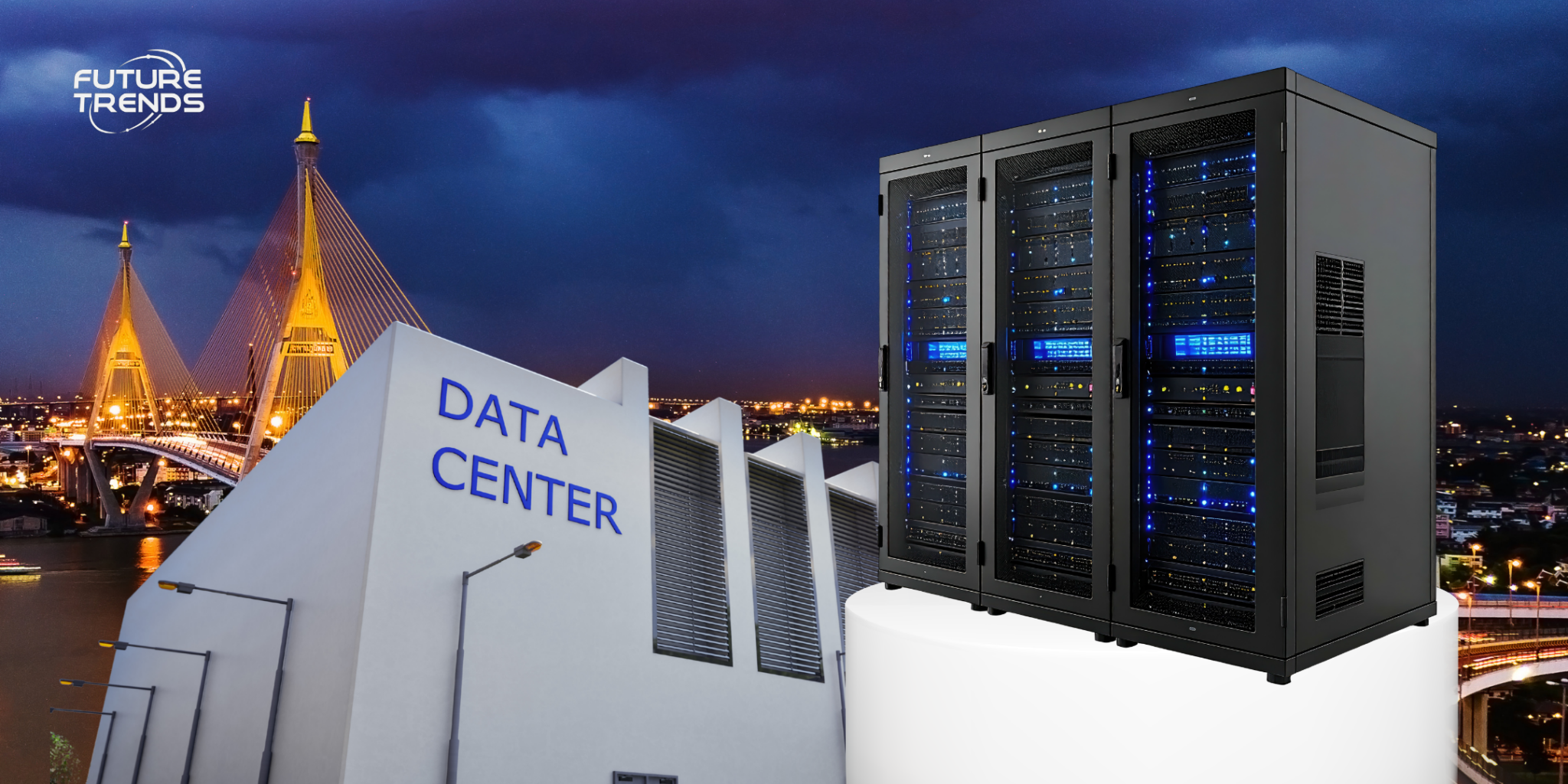 ภาพประกอบสื่อถึงโครงสร้างพื้นฐาน Data Center สมัยใหม่ใจกลางย่านธุรกิจพระราม 9 ขับเคลื่อนเศรษฐกิจดิจิทัลและ AI ของประเทศไทย